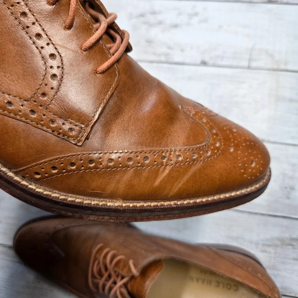 Cole Haan Grand.OS Wingtip Oxford Dress Shoe Men 9.5M British Tan Leather C12845